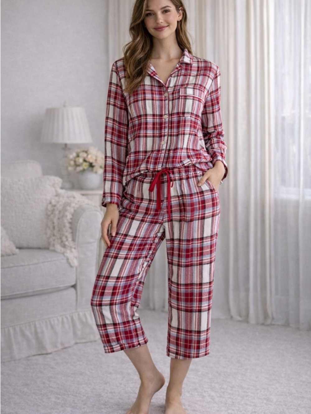 J.Crew XL Red Plaid Pajama Set Button Front Top Draw String Pants